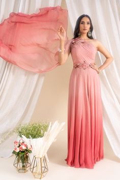 Silky Bindra-Ombre Dusty Pink Georgette Gown-INDIASPOPUP.COM Sangjit Backdrop, Dusty Pink Gown, Applique Patchwork, Farewell Dresses, Ombre Gown, Drape Gown, Ombré Dress, Amit Aggarwal, Full Gown