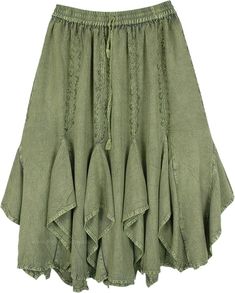 Stonewashed Olive Green western skirt with embroidery with gores at the hem. This rayon skirt has a great fall with an elastic waist and its free-flowing around hips for a comfortable fit. The embroidery is on the front as well as the back. The skirt is a distinct reminder of the old-time western skirts with a hint of the Renaissance. Ideal to wear at work or out in the evening, dress up or down with accessories. The skirt can be worn with a camisole or corset top and goes well with boots. Green Layered Skirt, Roblox Skirts, Renfair Outfits, Jewish Fashion, Moana Jr, Goblincore Fashion, Skirt With Embroidery, Teal Skirt, Western Skirts