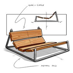 a drawing of a wooden bench sitting on top of a metal frame with wood slats