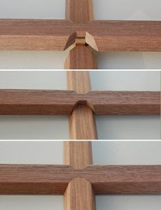 three different angles of a wooden slatted window with white walls in the background