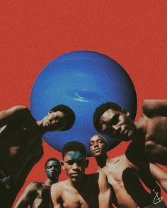 four shirtless men holding a blue ball in front of their face and one is upside down