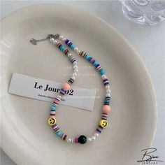 Bjux - Collar de cuentas de color caramelo dulce y linda cara sonriente collar de cadena de clavícula Trendy Beaded Necklaces With Clavicle Chain, Trendy Clavicle Chain Beaded Necklaces, Trendy Adjustable Beaded Clavicle Necklace, Trendy Clavicle Chain With Round Beads Necklace, Trendy Smiley Face Round Beads Jewelry, Trendy Letter Beads Choker Jewelry, Trendy Letter Beads Choker Necklace, Trendy Colorful Beaded Necklaces, Trendy Smiley Face Jewelry For Summer