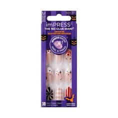 The EASIEST NO GLUE Mani, with spellbinding glow-in-the-dark designs for Halloween. NEW & IMPROVED adhesive for a secure hold that lasts for up to 7 days. From bewitching colors & designs to enchanting finishes, imPRESS is always on trend. Are you ready to show off the latest ghoulish styles in DIY press on manicures? Why not imPRESS your friends this Halloween with these super slim & comfortable gel nails that look & feel like your natural nails. Just peel, press & go! Size: 30 Nails.  Color: W Press On Nails Design, 30 Nails, Dark Designs, Easy Manicure, Halloween Press On Nails, Medium Almond, Excess Skin, Clean Nails, Halloween Accessories