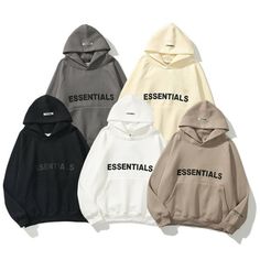 three sweatshirts with the words essentials written on them in black, white and grey