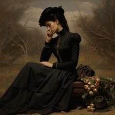 a painting of a woman sitting on a bench