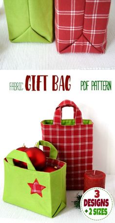 two bags with christmas decorations on them, one is green and the other is red