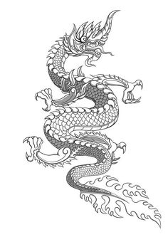 a black and white drawing of a dragon