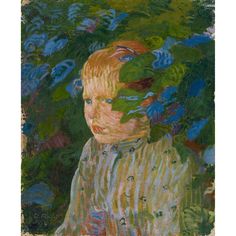 a painting of a young boy with blue eyes and green leaves on his head, looking to the left