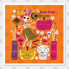 an orange background with skulls, flowers and vases on it's sides is featured in this colorful art print