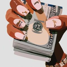 a woman's hand with pink manies and money on her fingernails