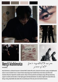 an advertisement for henji kishimotoo's eyewear collection, with photos and text