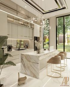 a large kitchen with marble counter tops and white cabinets, along with modern bar stools