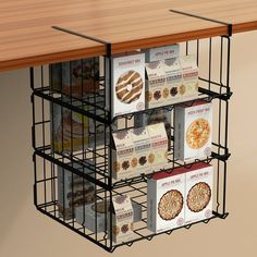 a metal rack holding several boxes of food