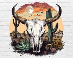 a bull skull with long horns in the desert surrounded by cactus and cacti