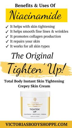 Tighten’ Up Total Instant Skin Tightening Cream is a complete total body skin tightening system made of over 20 skin tightening Dermatologist Grade Ingredients To Restore Healthy Muscle Tone Appearance. Erase Time! Restore Confidence! Feel Good About Yourself And Your Natural Beauty! Try it today! Natural Skin Tightening Remedies, Neck Tightening Cream, Natural Wrinkle Remedies, Body Skin Tightening, Tighten Facial Skin