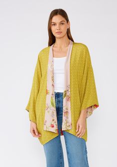 [Color: Rose/Green] Bohemian kimono in a pink floral print. Reversible cover up for the beach. Fall Brunch Kimono With Kimono Sleeves, Fall Brunch Kimono, Summer Outerwear With Kimono Sleeves For Layering, Green Spring Kimono For Loungewear, Green Spring Loungewear Kimono, Green Kimono For Spring Loungewear, One Size Kimono For Layering In Spring, Yellow Wrap Kimono For Spring, Spring Kimono With Kimono Sleeves For Casual Wear