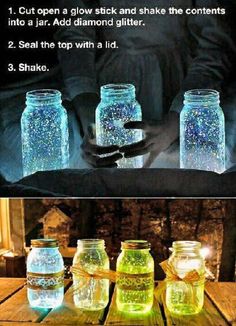 three jars with glowing stars in them