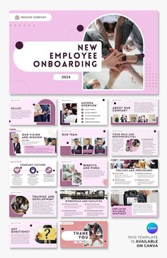 a pink and white presentation slider template with people working on it, including an image of