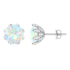 4.50 CT Ethiopian Opal Solitaire Stud Earrings with Diamond Ethiopian Opal - ( AAA ) - Quality - Rosec Jewels Formal Round Opal Earrings, Formal Opal Round Earrings, Opal Earrings For Anniversary - Fine Jewelry, Anniversary Opal Earrings Fine Jewelry, Fine Jewelry Opal Earrings For Anniversary, Opal Gemstone Earrings For Anniversary, Stud Style, Solitaire Studs, Sparkling Diamond