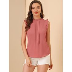 The ruffled sleeveless design would show demure, feminine grace, and also lend shape and texture. Crafted from a lightweight material, it is shaped with an elegant crew neckline, and pleat detailing, and comes in a relaxed cut for easy, breezy wear. This vintage blouse is designed with ruffled trim and solid color, especially for a professional look at work. Feminine Sleeveless Blouse Tank Top For Work, Sleeveless Ruffled Blouse, Feminine Ruffled Tank Top, Sleeveless Solid Color Ruffled Top, Spring Ruffled Solid Color Tank Top, Solid Ruffled Tank Top, Ruffled Tank Top For Spring, Elegant Blouse With Ruffled Straps, Solid Color Sleeveless Top With Ruffles