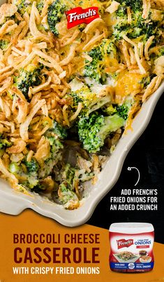 broccoli cheese casserole with crispy fried onions in a white dish