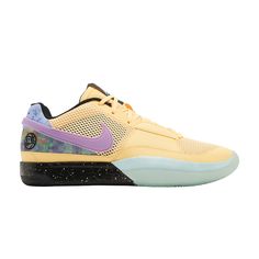 Find NIKE Ja 1 'eybl on Editorialist. The Nike Ja 1 ‘EYBL’ celebrates Nike’s Elite Youth Basketball League with a colorful rendition of Ja Morant’s debut signature shoe. The upper blends open mesh construction in Melon Tint with tonal synthetic leather overlays and a wraparound TPU Swoosh in a bright purple hue. A multicolor pattern enlivens the heel, marked with an embroidered EYBL logo on the lateral side. The low-top rests on a two-tone Phylon midsole, featuring a Jade Ice finish throughout the forefoot and a solid black heel with speckled detailing. A forefoot Zoom Air unit provides on-court responsiveness. Nike Basketball Shoes With Gum Sole For Light Sports, Nike Multicolor Basketball Sneakers, Multicolor Low-top Basketball Sneakers, Nike Yellow Basketball Shoes With Gum Sole, Yellow Sporty Basketball Sneakers, Yellow Sporty Sneakers For Basketball, Yellow Basketball Sneakers With Boost Midsole, Nike Yellow Basketball Shoes, Nike Ja 1