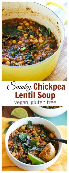 a bowl filled with lentil soup next to another bowl full of beans and spinach