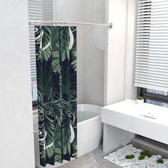 a bathroom with a shower, sink and bathtub in the same color as the curtains