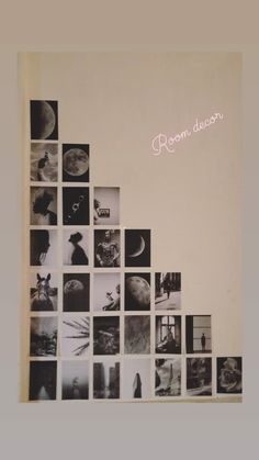 a book with pictures on it and the words room decor written in pink ink above them