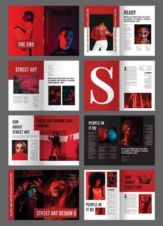 an open magazine is shown with red and black images on the front, side and back pages