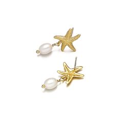 Starfish Pearl Earrings – BHelmi Elegant Summer Jewelry With Starfish Charm, Gold Elegant Earrings With Starfish Charm, Elegant Gold Earrings With Starfish Charm, Elegant Star-shaped Summer Earrings, Summer Starfish Charm Drop Earrings, Ocean-inspired Drop Earrings With Starfish Charm, Star-shaped Earrings For Beach With Pierced Ears, Elegant Starfish Charm Drop Earrings, White Starfish Earrings For Beach