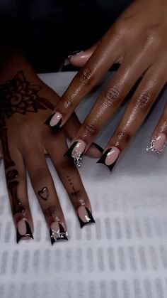 Cute Acrylic Nails Black And White, Black In White Nails, Nail Art Black French Tips, Nail Ideas Acrylic With Charms, Cute Black Nails Ideas French Tips Short, Black Bling French Tip Nails, Duck Nails Inspo Black, Black Tip Design Nails, Hoco Nails Black And Silver