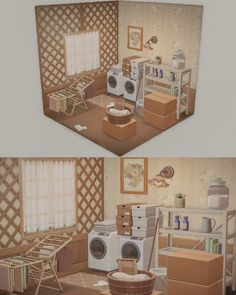 two different views of the same room with boxes and laundry machines in it, one is empty