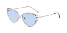 Women's transparent grey/silver cat-eye full-rim sunglasses frames with adjustable nose pads are available in variety of colors to match any outfit. These affordable qualified retro-vintage hipster geek-chic tinted sunglasses include free single-vision prescription light blue tinted lenses with AR and 100% UV protection, a case and a cleaning cloth. Metal bridges are their characteristics. They are lightweight and low bridge fit with bifocal and progressive supported. Part cat-eye, part butterfl Silver Cat Eye Sunglasses With Uv Protection, Silver Cat Eye Sunglasses With Metal Frame, Trendy Silver Cat Eye Sunglasses, Retro Silver Polarized Sunglasses, Elegant Metal Frame Sunglasses For Spring, Silver Cat Eye Sunglasses With Gradient Lenses, Chic Silver Cat Eye Sunglasses With Tinted Lenses, Chic Silver Cat Eye Sunglasses With Gradient Lenses, Elegant Metal Frame Cat Eye Sunglasses For Summer