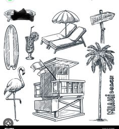 an image of beach items and palm trees in black and white royaltyvectors