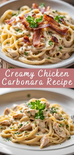 creamy chicken carbonara recipe on a white plate with bacon and parmesan cheese