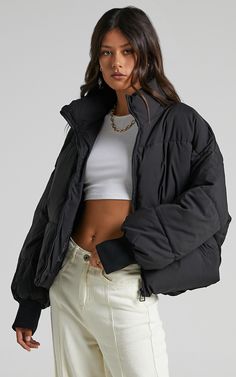 Windsor Puffer Jacket in Black | Showpo Black Puffy Jacket Outfit, Puffy Jacket Outfit, Winter Basics, Pretty Tops, Oversized Puffer Jacket, Nyc Style, Portrait Cartoon, Black Puffer Jacket, Outfit Jeans