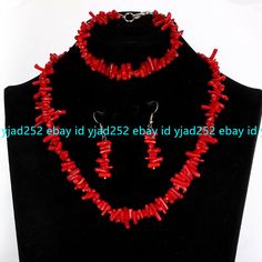 Product Description         Style: Necklace  Bracelet Earring Set Size: 3x10mm Quantity:  1 Set length: 18/7.5 Inches Color: Red                            Clasp: -- Condition: New If you want to buy more , please contact us . Thanks ! &&&&: Sale the items does not include box.   Payment Policy&Shipping Policy We accept PayPal Please pay within 24 hours If no payment or contact is made with in 7 days item will be relisted. Thank YouPlease make sure the "Ship To" address you input in Paypal is correct.Items are shipped within 1-2 business days. The shipping address must be the same as the Paypal registered address.All of our items are shipped via  Air Mail within 1-2 business days upon receiving paymentand you will receive the items about 10-22working days. Shopping Detail:   We usually  se Valentine's Day Colorful Beads For Jewelry Making, Red Coral Jewelry With 8mm Beads, Adjustable Round Red Coral Jewelry, Adjustable Red Coral Jewelry, Red Coral Round Beads For Jewelry Making, Red Adjustable Round Jewelry Sets, Red Polished Beads Jewelry Sets, Red Jewelry Sets With Polished Round Beads, Red Jewelry Sets With Round Beads For Gift