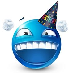 a blue smiley face wearing a party hat