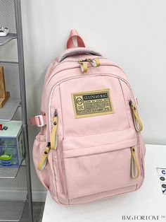 BagForLove - Adjustable Strap Classic Backpack with Letter Patch - Ideal for School Casual Large Capacity Pink Backpack, Pink Letter Print Backpack For Everyday Use, Oversized Pattern, Style Preppy, Word Wrap, Classic Backpack, School College, Nylon Bag, Color Blocking