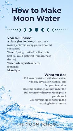 an advertisement for the moon school shows how to make moon water and what you need to know about it