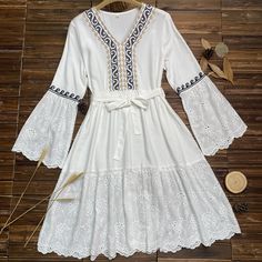 Women's Boho Dress V-Neck Embroidery Floral Bohemian Dress Lace Elegant Dress Bohemian V-neck Maxi Dress With Lace Patchwork, Embroidered V-neck Vacation Dress, White Peasant V-neck Dress, Peasant Style Embroidered V-neck Dress, Traditional V-neck Boho Dress For Spring, Bohemian Maxi Dress With Lace Patchwork And V-neck, Bohemian Long Sleeve Dress With Lace Trim, Bohemian V-neck Midi Dress With Lace Trim, Traditional V-neck Dress With Embroidered Neckline