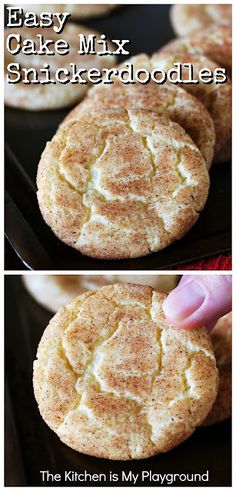 two pictures showing how to make easy cake mix snickkerdoodles in the oven