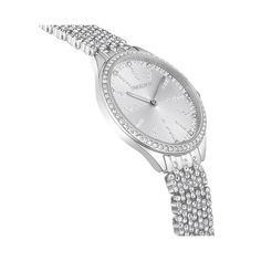 The simplicity of stainless steel has been beautifully lifted in this Swiss Made timepiece thanks to the compelling use of 433 crystals. On the silver-tone guilloche dial, you will discover crystals for index markers, while the slender bezel and bracelet are each adorned with their own pave of dazzling clear crystals. The 30mm watch is water-resistant to 50m and includes a single stone in its crown. The overall look is designed to make a subtle yet noticeable impact with any outfit you wear. Style #5644062..Movement- quartz.Case- round, silver-tone stainless steel, 30mm.Strap - white, stainless steel, butterfly clasp closure.Dial - silver-tone.Water-resistant to 50m.Item comes in a beautiful, sturdy gift box, suitable for gift giving or permanent jewelry storage.Set in stainless steel, Swa Luxury Silver Watch With Crystal, Elegant Silver Watches With Rhinestones, Formal White Gold Watches With Rhinestones, Timeless Diamond Watch With Rhinestones For Formal Occasions, Silver Crystal Watch For Formal Occasions, Formal Silver Crystal Watch, Formal Stainless Steel Diamond Watch With Rhinestones, Silver Crystal Watch With Rhinestones, Formal Stainless Steel Watches With Rhinestones