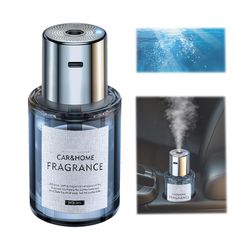 the perfume bottle has steam coming out of it's cap and is next to an image of water