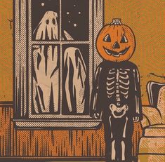 a drawing of a skeleton in front of a window with a jack o lantern on it's head