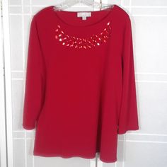 Poly/Spandex, 3/4sleeves, Scoop Neck With Red "Gems" At Front. Never Worn. 22" Pit To Pit, 27" Back Of Neck To Hem. Red Stretch Tops With 3/4 Sleeves, Red Gems, Taylor Red, Red Tunic, Tunics, Scoop Neck, Tunic Tops, Gems, Womens Tops