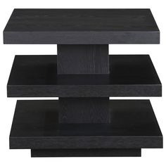 three tiered black wood table with one shelf on each side and the other end