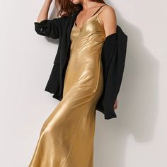 From Free People Website -- Forever-Flattering And So Femme, This Sleek Slip Dress Is Featured In A Maxi-Length And Slinky Fabrication With A Shiny Finish And Bold Open-Back. New With Tags. Never Worn. Gold V-neck Slip Dress For Spring, Gold Fitted V-neck Slip Dress, Chic Gold Maxi Dress With Spaghetti Straps, Fitted Gold Slip Dress With Bias Cut, Gold Slip Dress With Bias Cut For Night Out, Gold Bias Cut Slip Dress For Night Out, Gold Fitted Slip Dress Chic Style, Chic Fitted Gold Slip Dress, Gold Fitted Chic Slip Dress