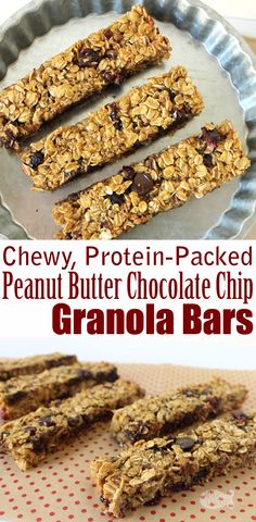 chocolate chip granola bars are stacked on top of each other with the words, chew protein - packed peanut butter chocolate chip granola bars